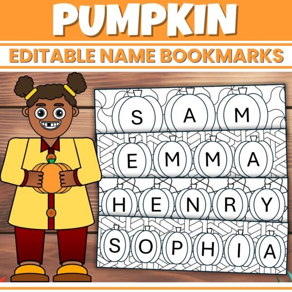 Editable Pumpkin Name Coloring Bookmarks & Desk Tags Personalized Student Labels