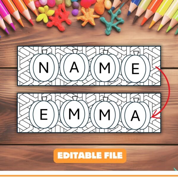 Editable Pumpkin Name Coloring Bookmarks & Desk Tags Personalized Student Labels