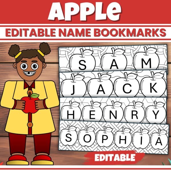 Editable Apple Name Coloring Bookmarks & Desk Tags Personalized Student Labels