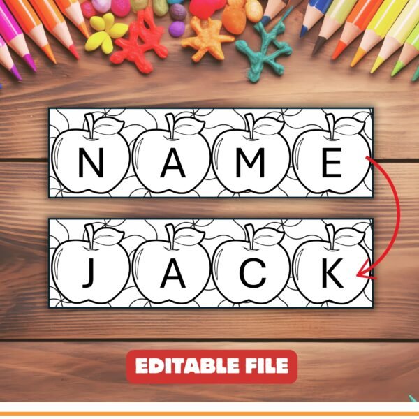 Editable Apple Name Coloring Bookmarks & Desk Tags Personalized Student Labels