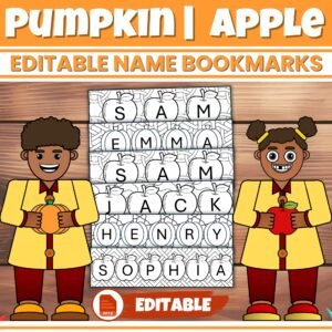 Editable Pumpkin | Apple Name Coloring Bookmarks - Personalized Student Labels