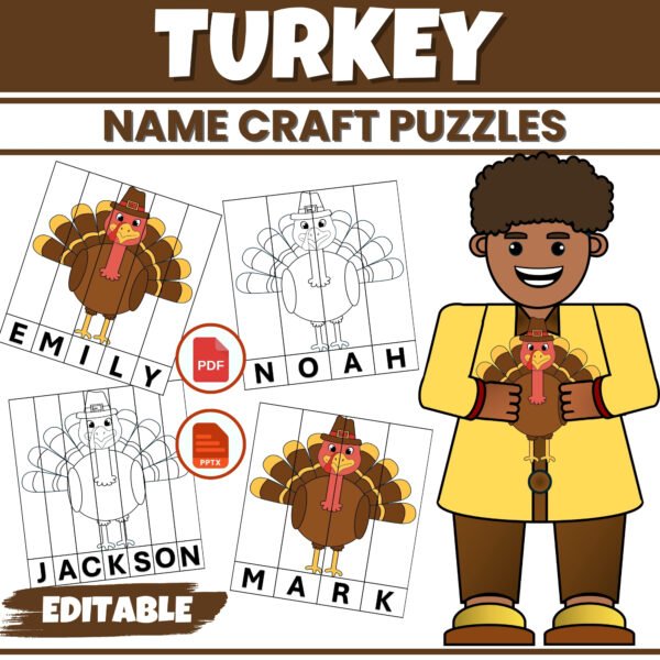 Fall Editable Turkey Name puzzles and Scissor Craft Activity - Name Recognition