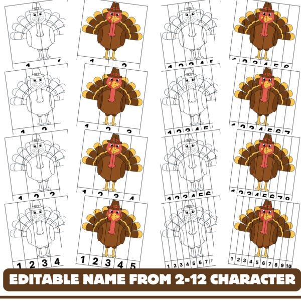 Fall Editable Turkey Name puzzles and Scissor Craft Activity - Name Recognition