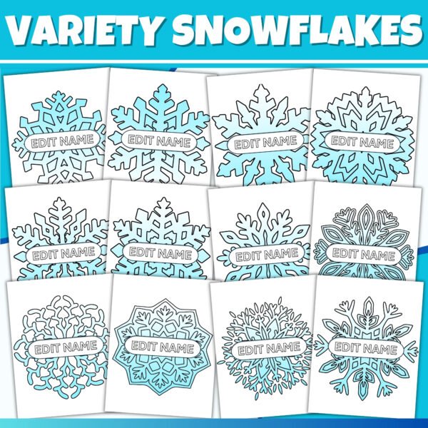 Editable Snowflake Name Tags Activity & Winter Bulletin Board Coloring Templates