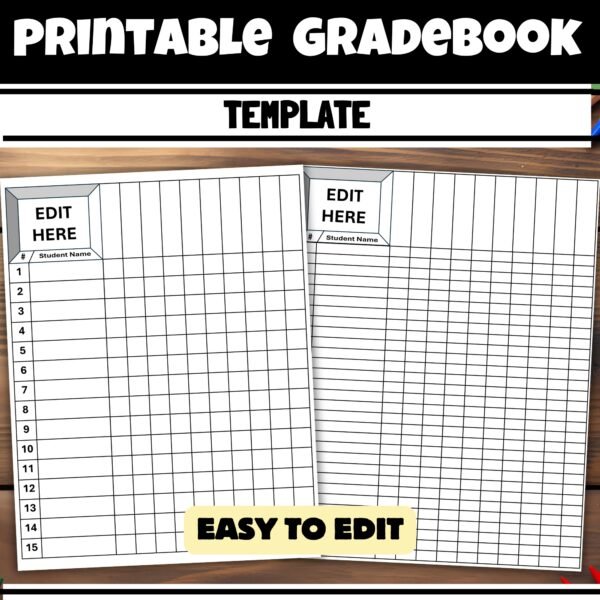 Editable Gradebook & Class Roster Template | Printable Worksheet for Class List